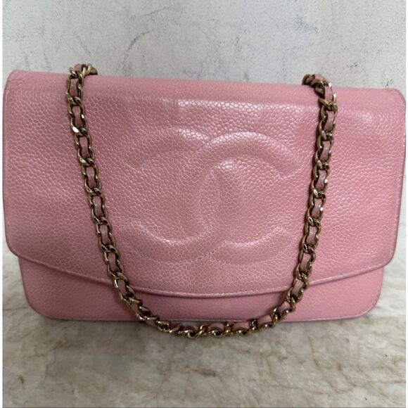 AUTHENTIC VINTAGE CHANEL TIMELESS CAVIAR LEATHER PINK WALLET ON CHAIN - Picture 2 of 11